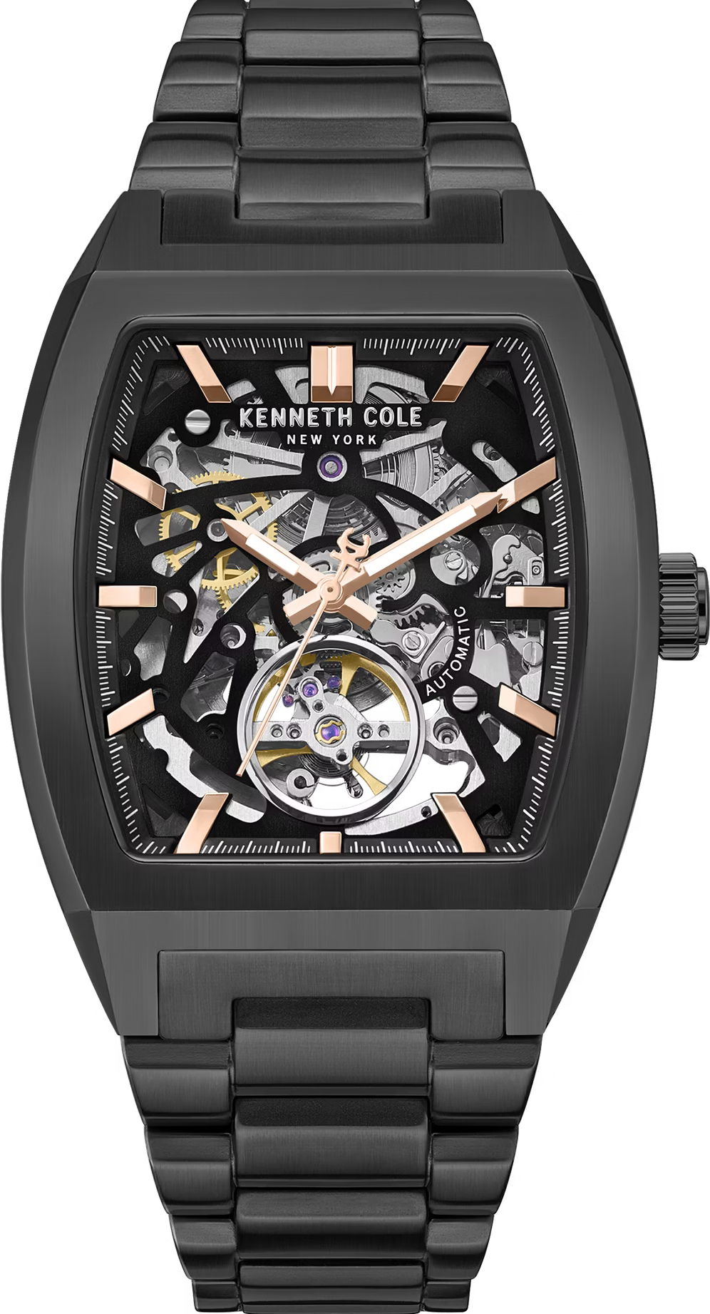 萬年鐘錶 - KENNETH COLE  美國紐約品牌  黑殼黑面鏤空酒桶機械男錶 KCWGY0077501 錶徑40MM