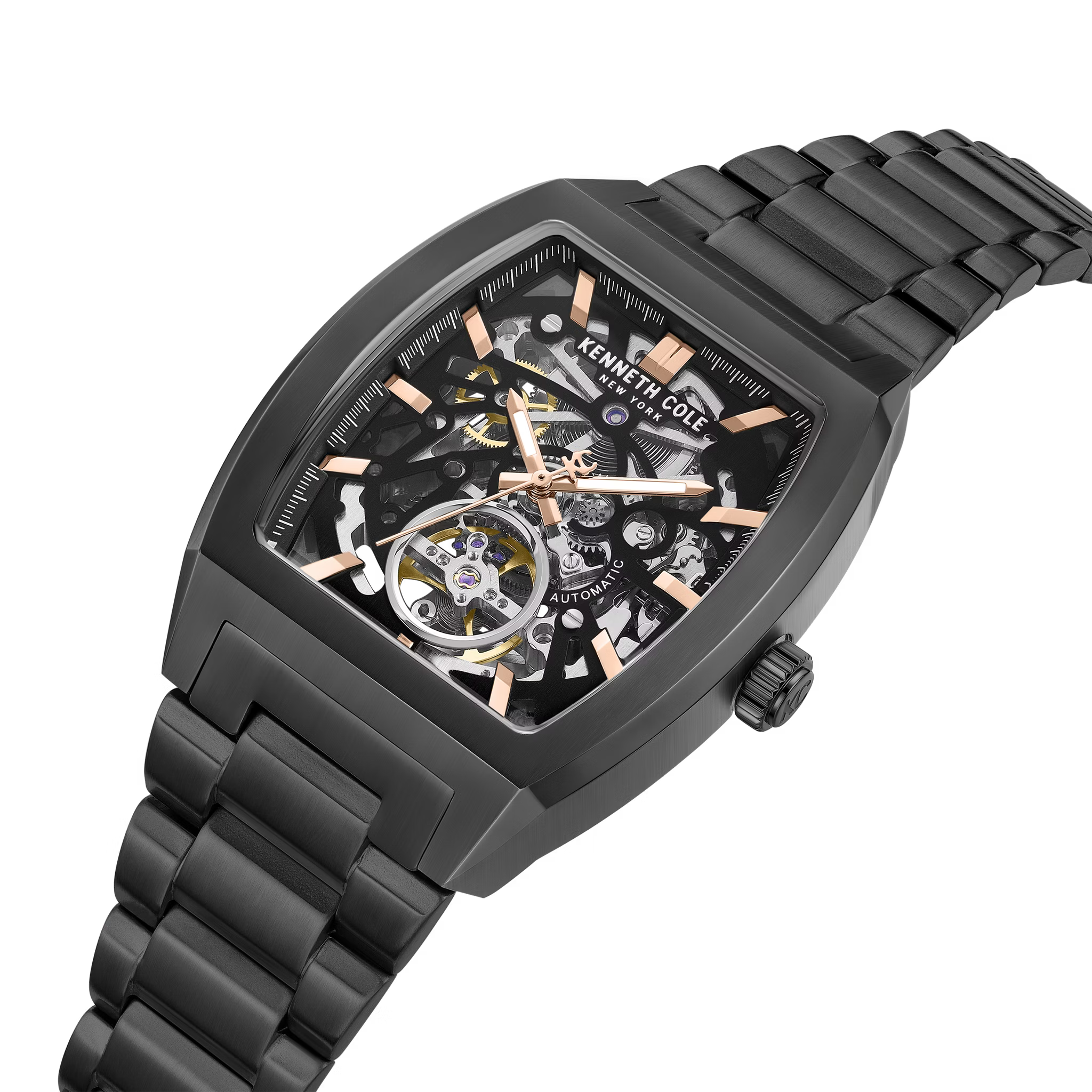 萬年鐘錶 - KENNETH COLE  美國紐約品牌  黑殼黑面鏤空酒桶機械男錶 KCWGY0077501 錶徑40MM