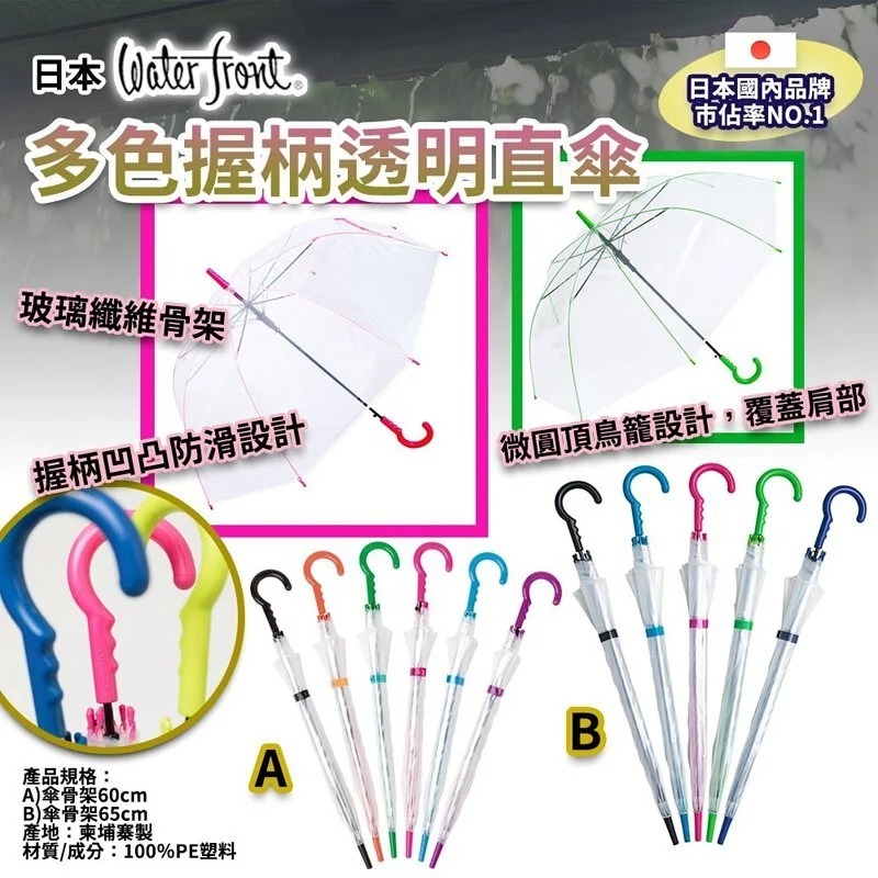 [D3269] [限量現貨] 日本 water front 多色握柄透明直傘 (款式隨機)