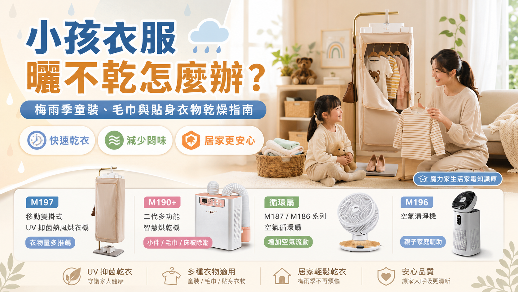 小孩衣服曬不乾怎麼辦,梅雨季童裝、毛巾與貼身衣物乾燥指南,親子家庭可搭配 M197 熱風烘衣機、M190+ 多功能智慧烘乾機、循環扇與 M196 空氣清淨機改善室內乾衣與空氣悶味