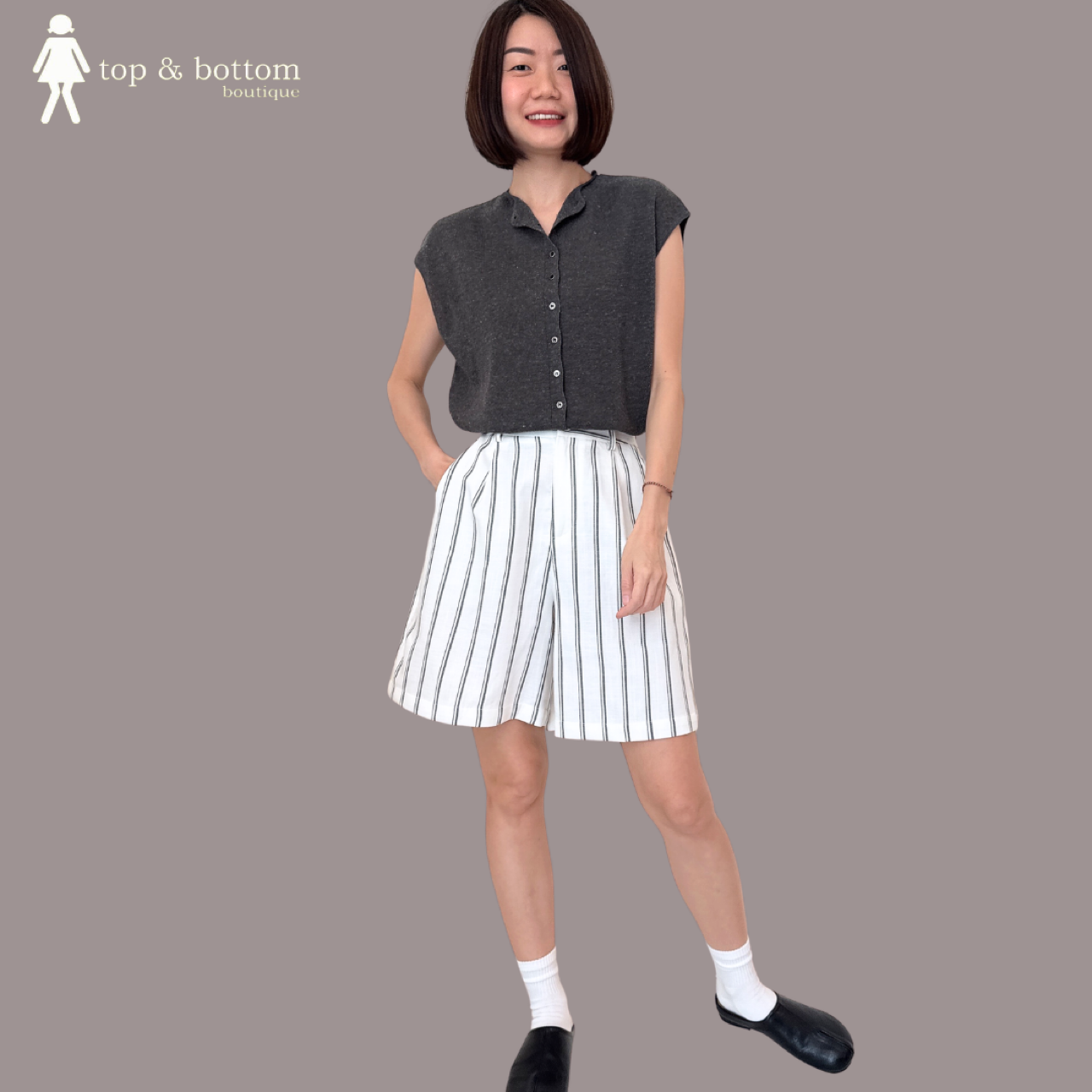 HIGH WAISTED SOFT LINEN STRIPED BERMUDA