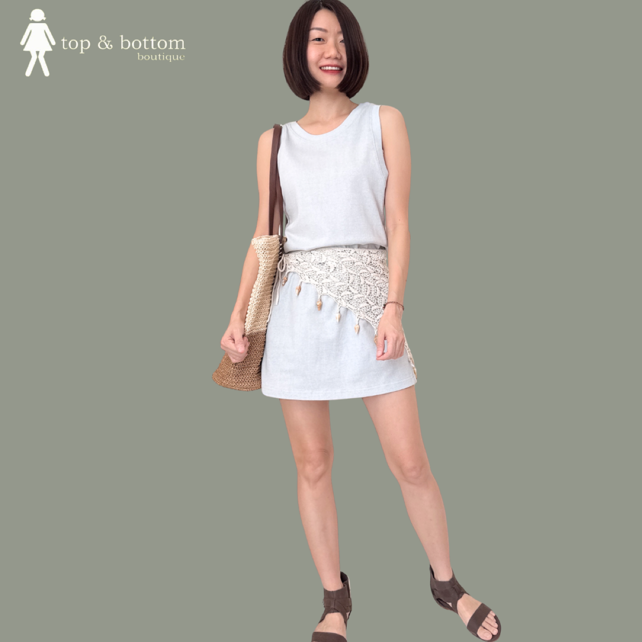 STONE WASHED SINGLET & SHORT SKIRT SET SUIT (2PCS)