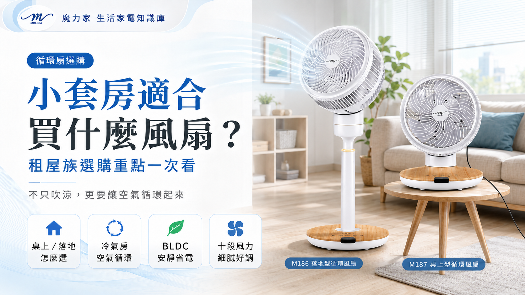 小套房、租屋族適合買什麼風扇？選風扇不只看風大不大，更要看擺放位置、噪音、耗電、空氣循環與收納。本文整理桌上型 M187 與落地型 M186 循環風扇差異，幫你依照書桌、床邊、冷氣房、室內晾衣等情境選對風扇。