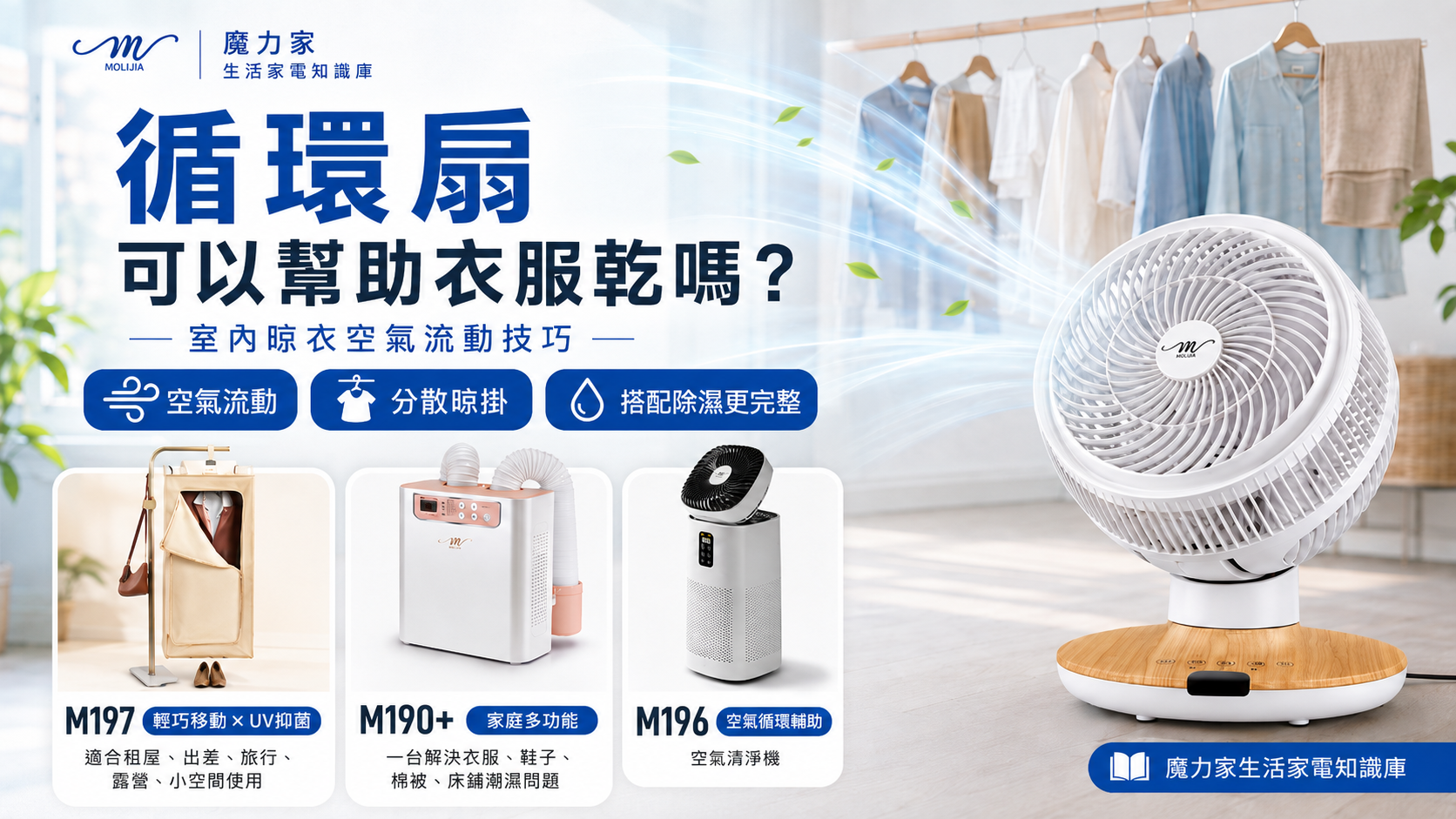 循環扇可以幫助衣服乾嗎?循環扇不能取代除濕機或烘乾機,但能幫助室內空氣流動,減少衣物周圍濕氣停留。了解室內晾衣時循環扇怎麼擺、怎麼搭配除濕機,以及 M186、M187 循環風扇適合哪些晾衣情境。