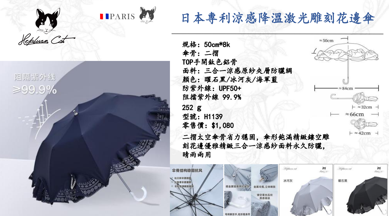 Hepburn Cat France H1139 日本專利涼感降溫激光雕刻花邊傘