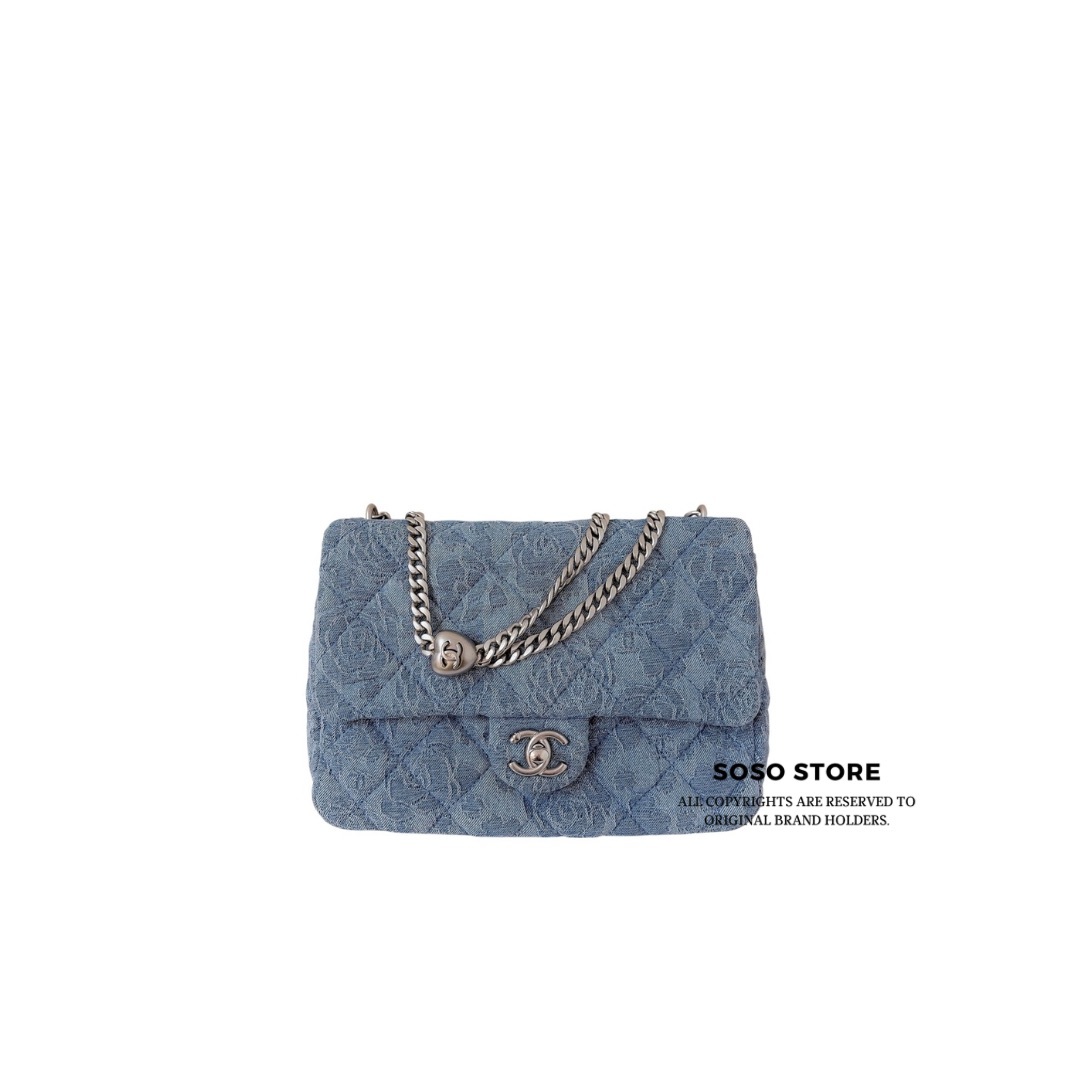 Chanel Denim Quilted Camellia Sweetheart Flap Bag - Blue / SHW