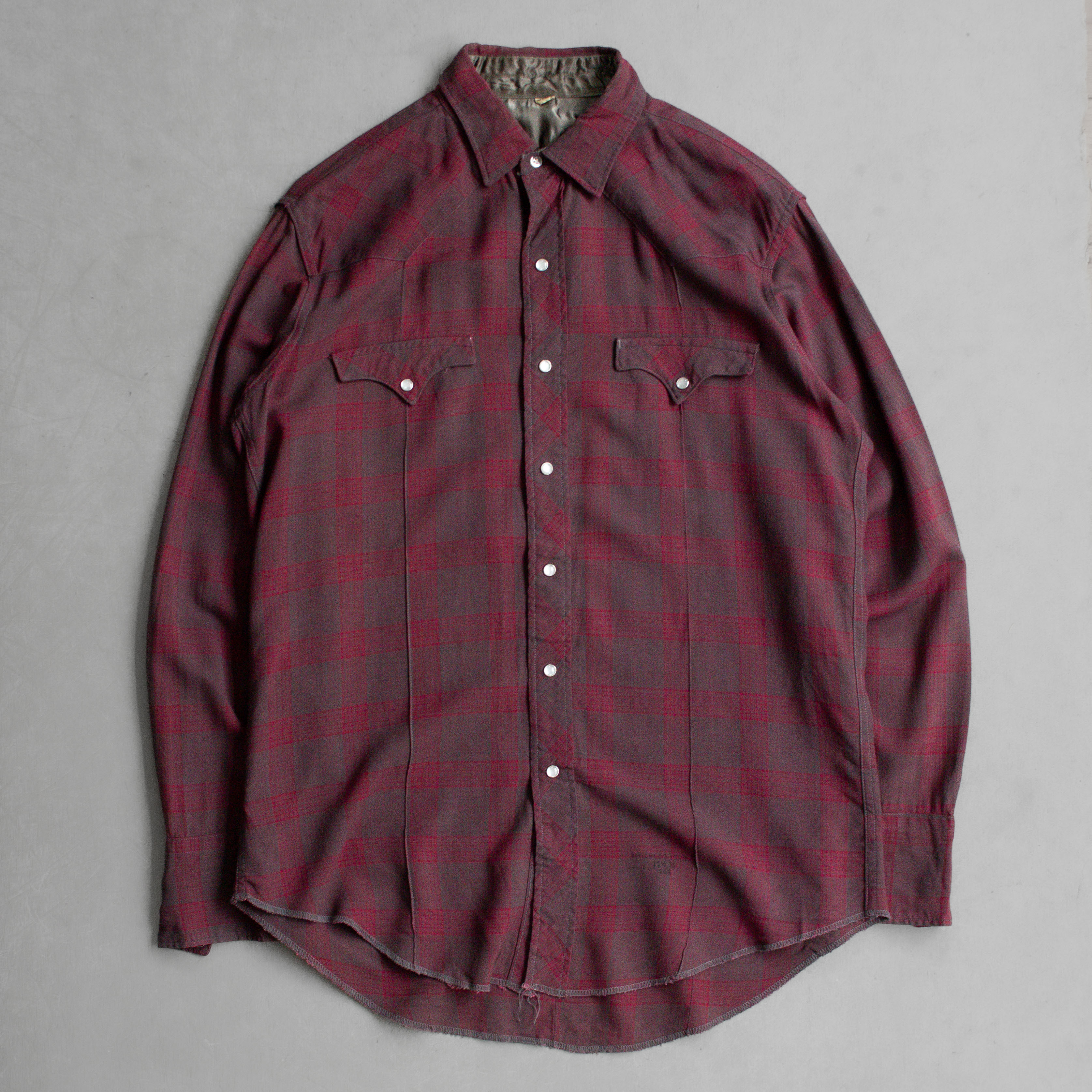 50S VINTAGE RAYON WESTERN SHIRT 美國製 嫘縈 酒紅 格紋 長袖 西部 襯衫