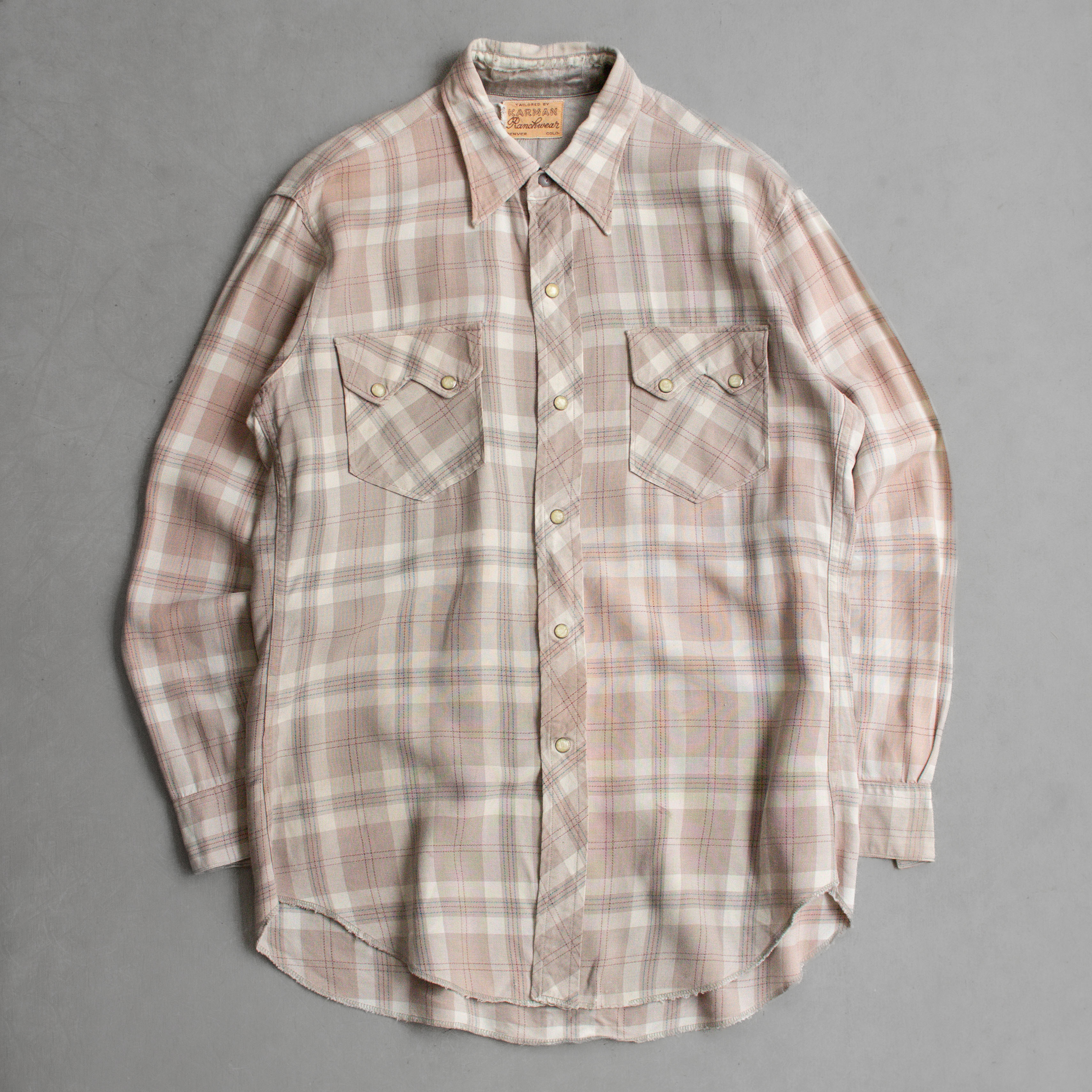 50S KARMAN RAYON WESTERN SHIRT 美國製 嫘縈 米白 格紋 長袖 西部 襯衫