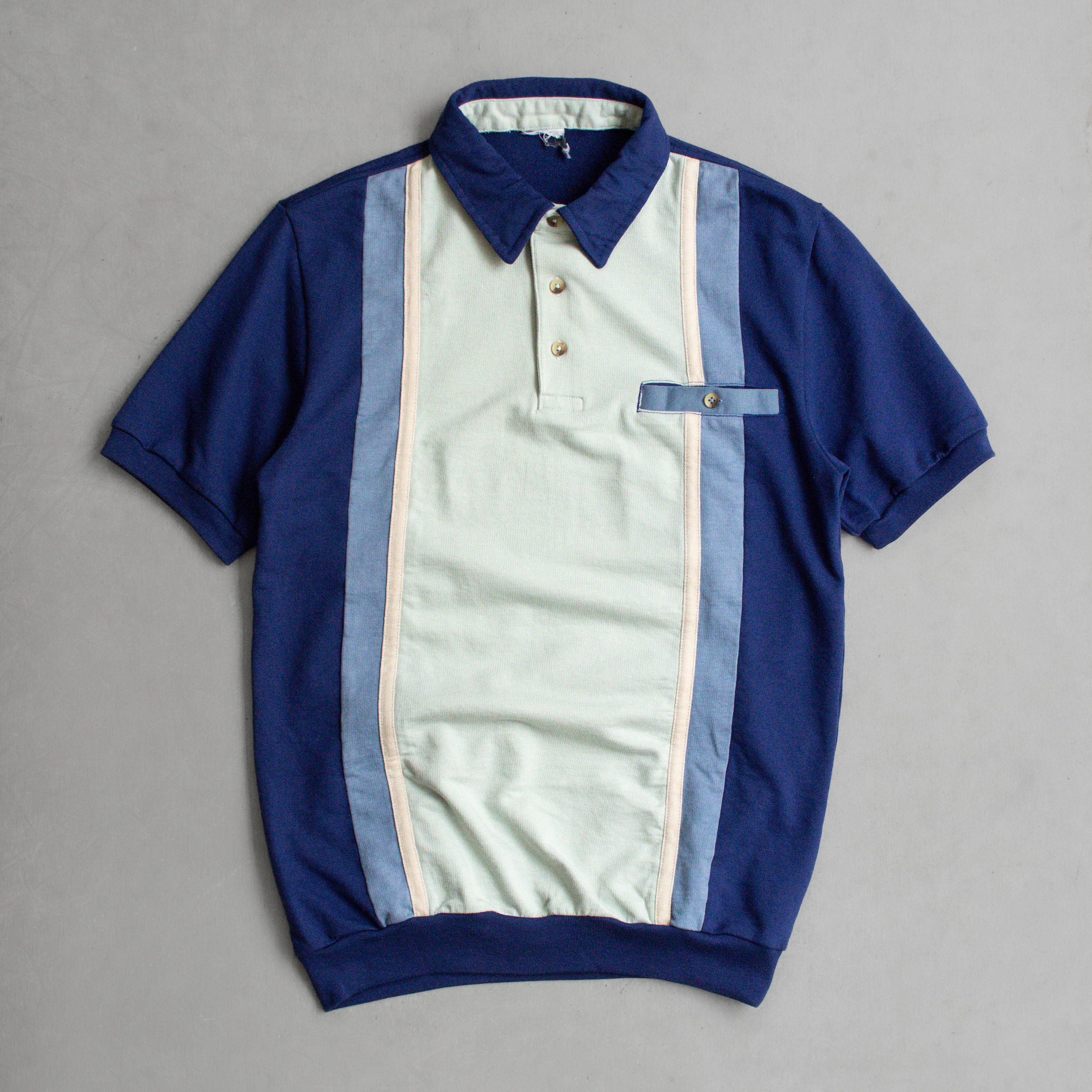80S VINTAGE STRIPE POLO SHIRT 美國 深藍 拼接 條紋 短袖 套頭 襯衫