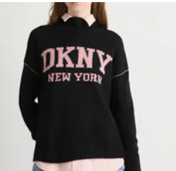 [S] DKNY BLACK/DUSTY MAUVE VARSITY LOGO INTARSIA CREW NECK RELAXED SWEATER, DJ4R0362-OF9 (SD1824)