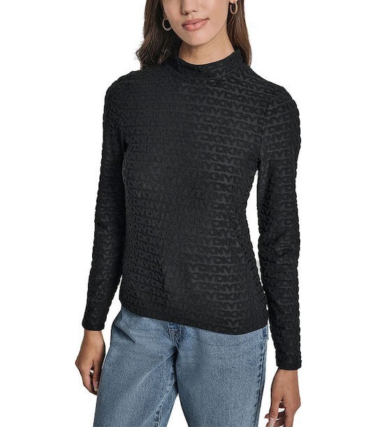 [S] DKNY BLACK LOGO JACQUARD LONG SLEEVE MOCK NECK TEE, DJ5T1570-BLK (SD1825)