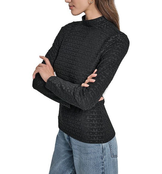 [S] DKNY BLACK LOGO JACQUARD LONG SLEEVE MOCK NECK TEE, DJ5T1570-BLK (SD1825)