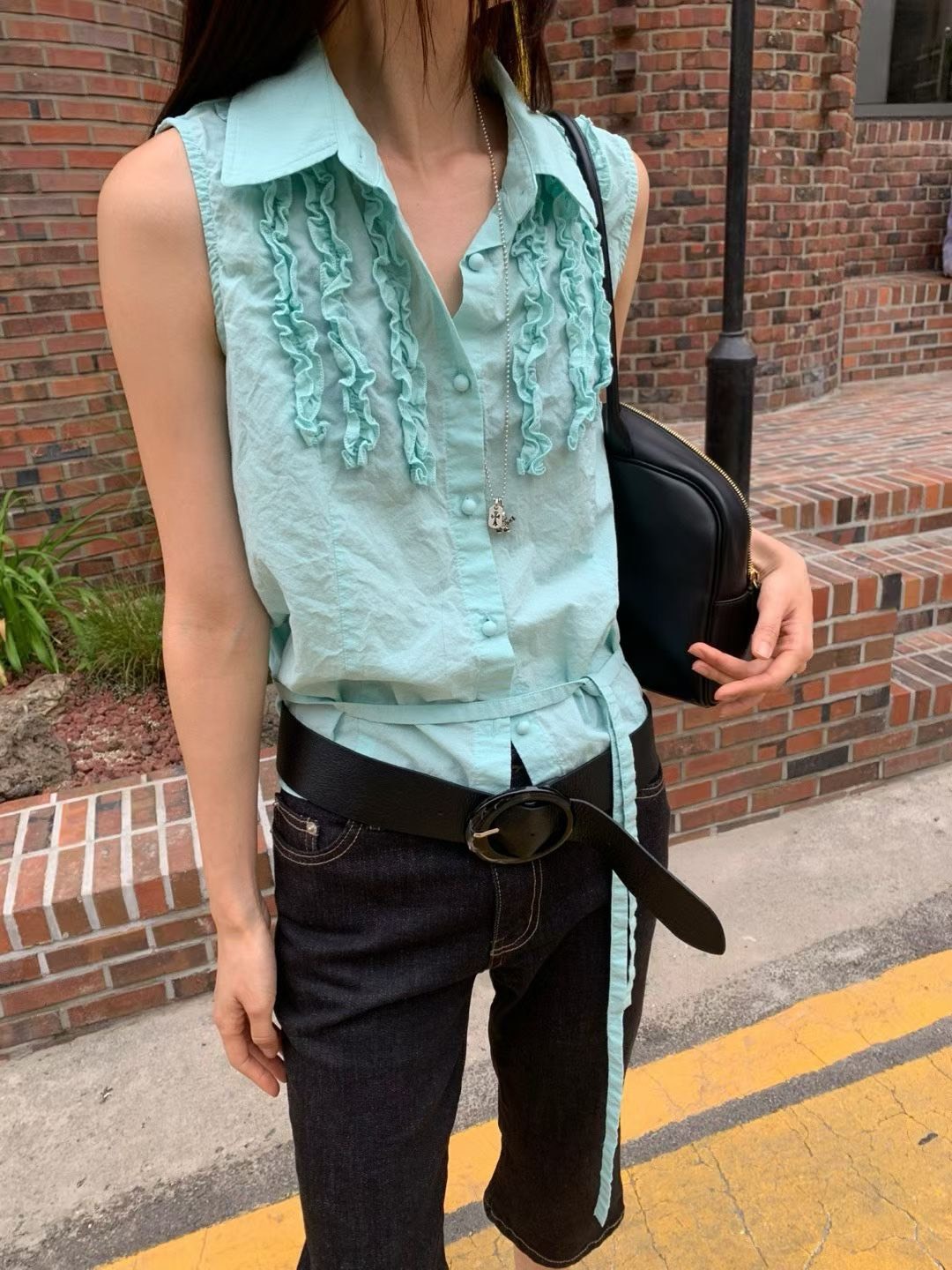 荷葉條有領襯衫背心