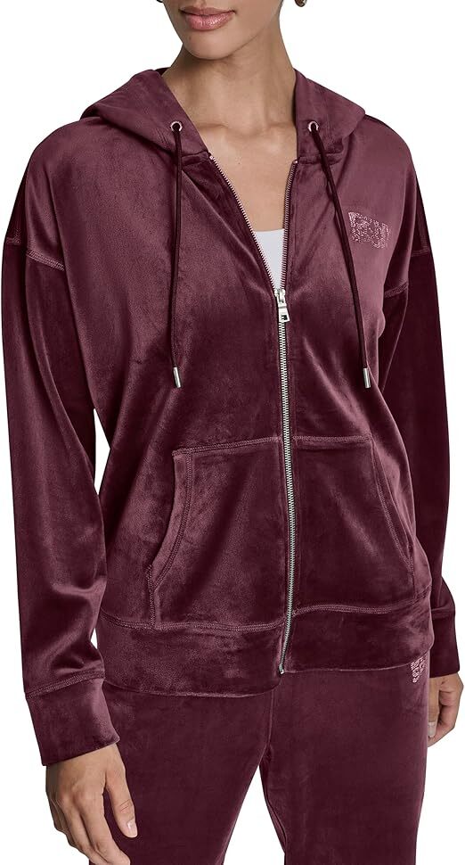 [S] DKNY RED VELOUR RHINESTONE LOGO FULL ZIP HOODIE, DP5J9634-2EQ (SD1829)