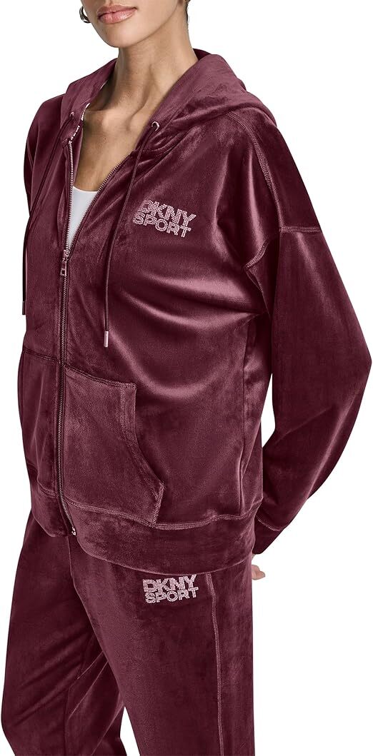 [S] DKNY RED VELOUR RHINESTONE LOGO FULL ZIP HOODIE, DP5J9634-2EQ (SD1829)
