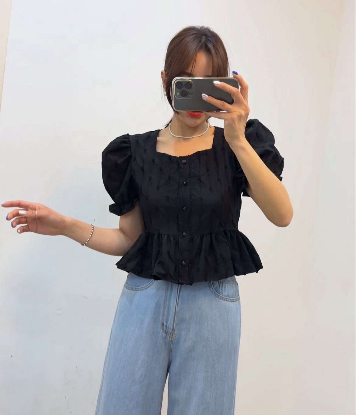 凸粒公主袖襯衫
