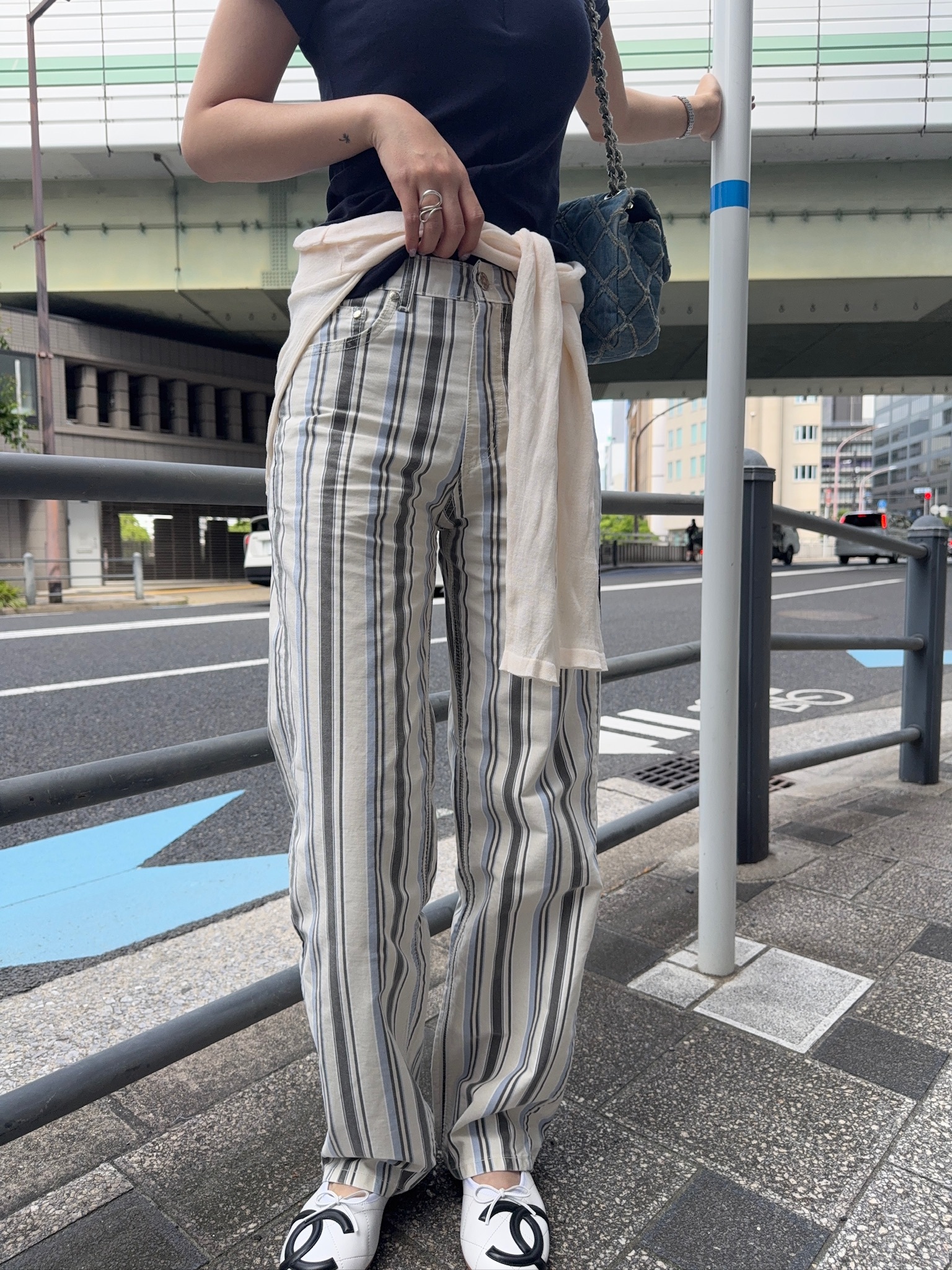 MK80/ 條紋直筒中高腰長褲