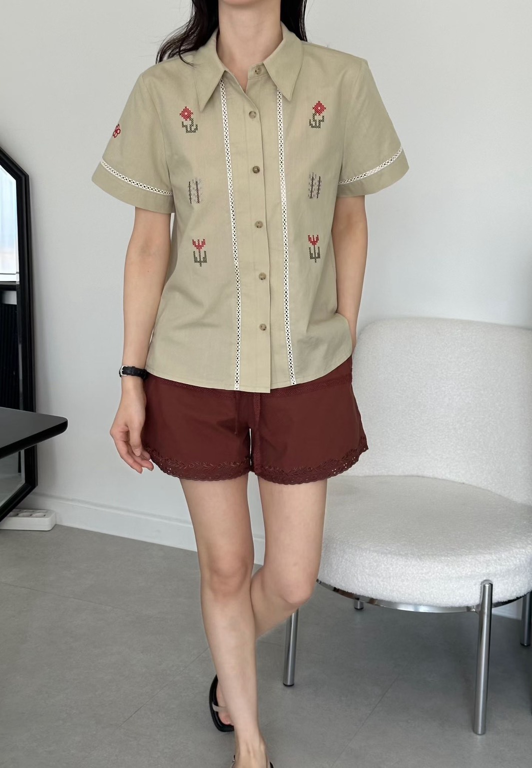 小花十字袖襯衫