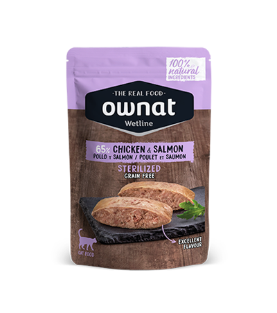 [斷貨中] Ownat – 無穀物主食濕包 - 雞肉+三文魚 (室內/絕育配方) Sterilized Chicken and Salmon (紫) 85g (每12包@$22可混味)