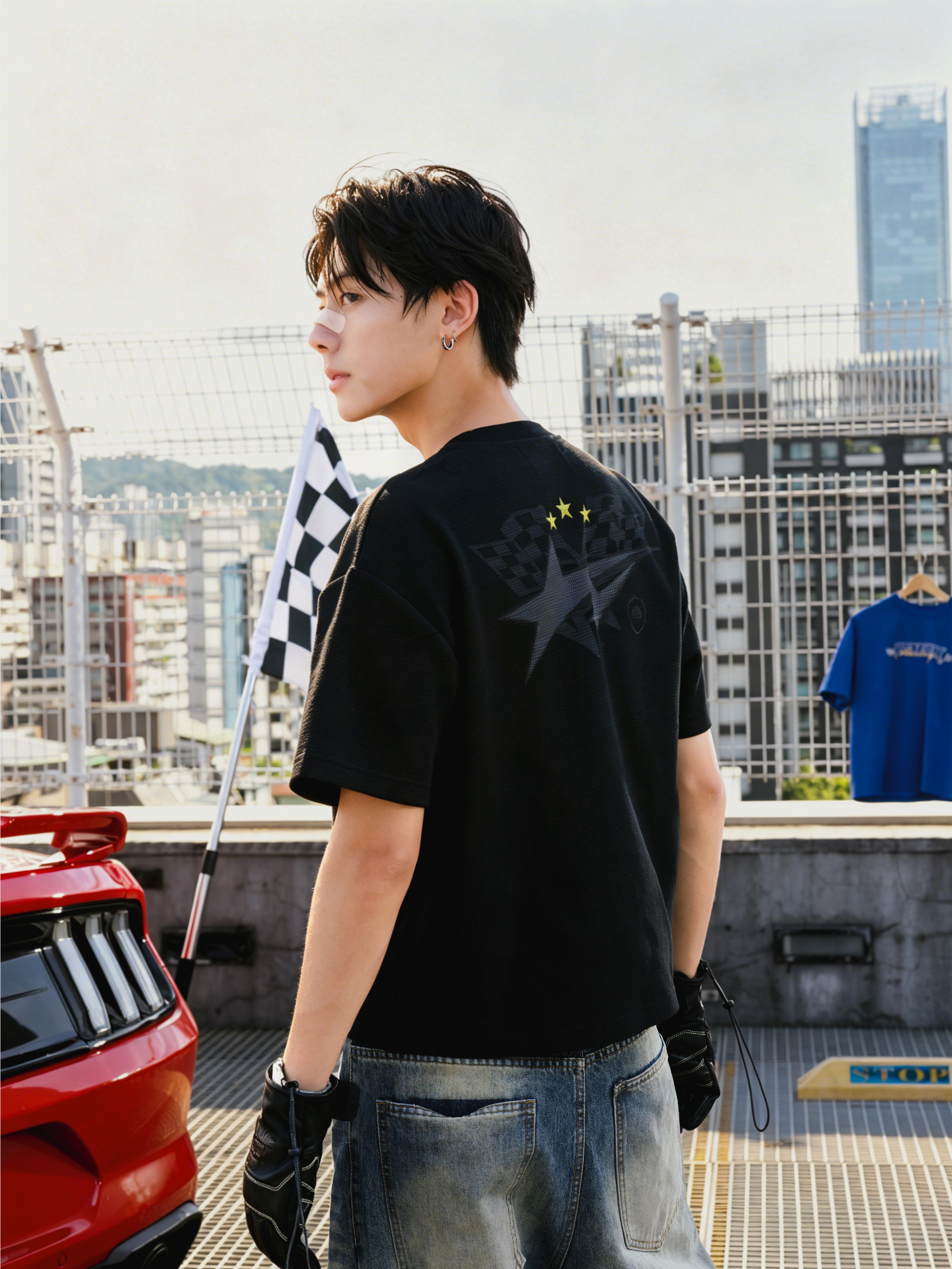 SIMON MADE TS-2624 雙星旗幟 華夫格 BOXY 短T