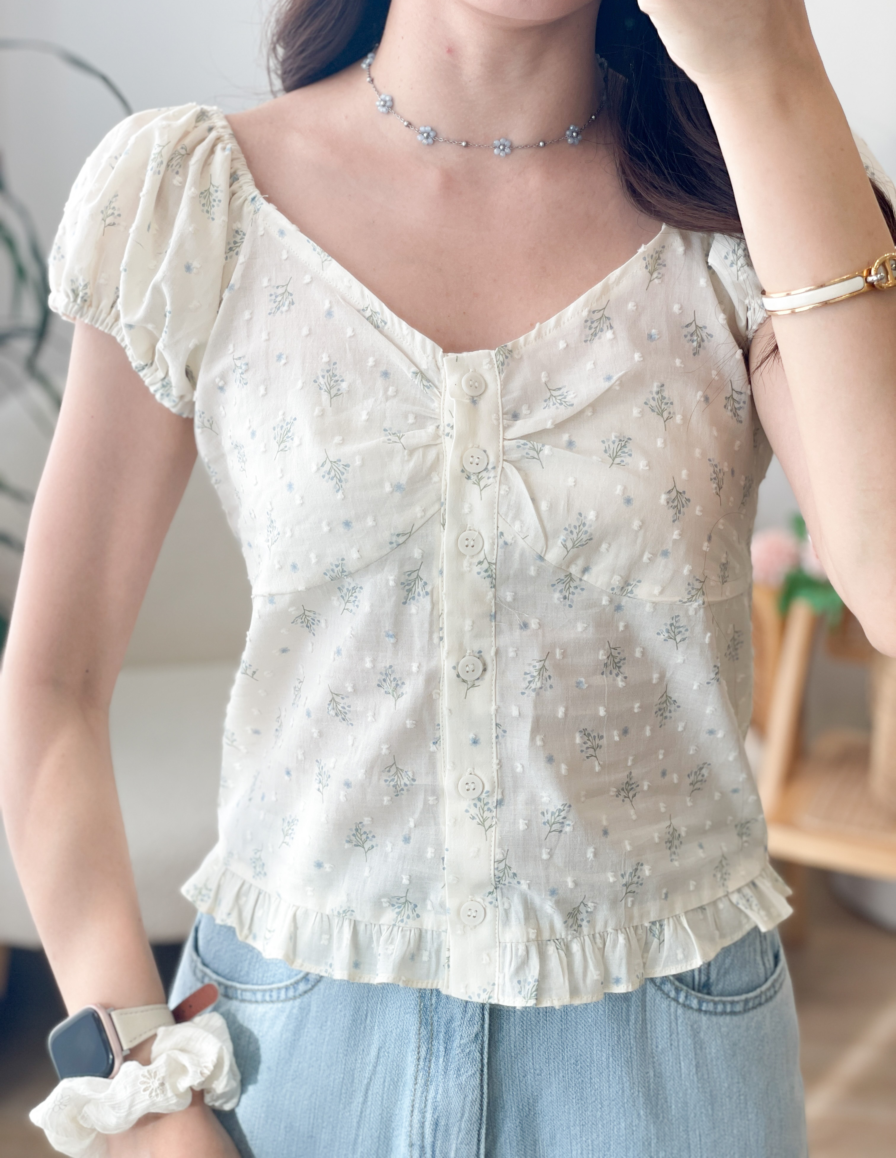 T1571 Floral Peplum Puff Blouse
