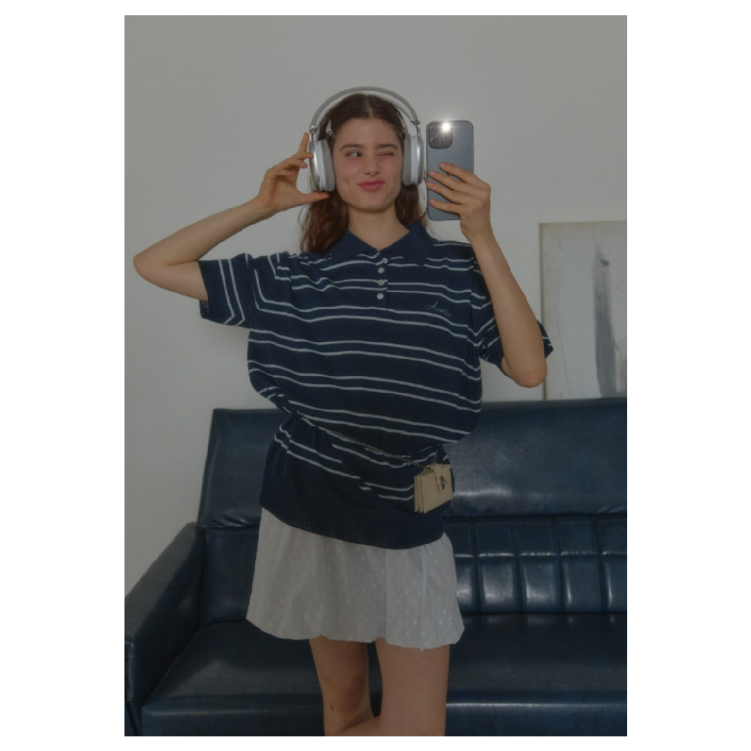 KOR-CCG0607-336 ANC CHARMING STRIPE HALF KNIT_NAVY (A37)