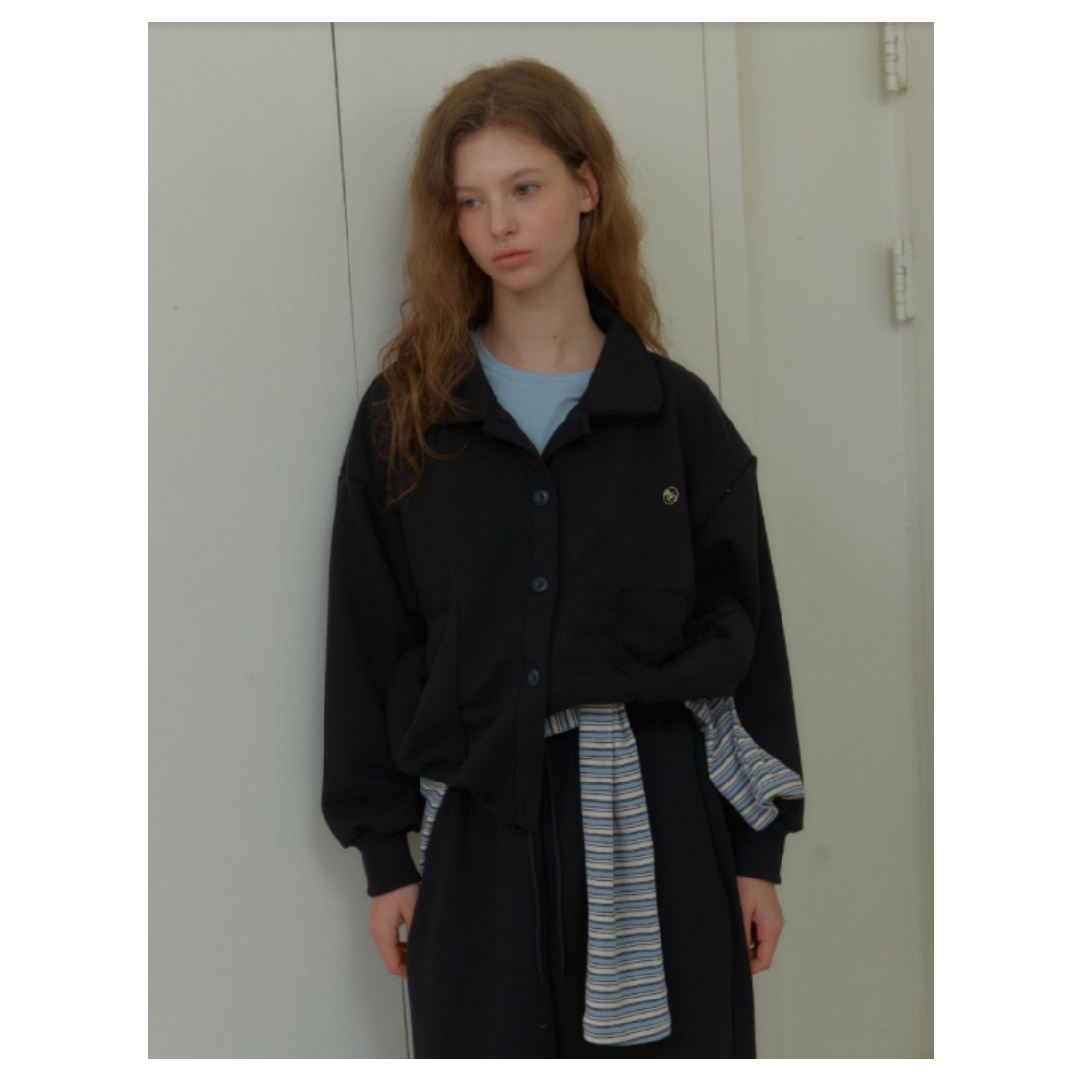 KOR-CCG0607-355 ANC BUTTON COLLAR SWEAT CARDIGAN_BLACK (A56)
