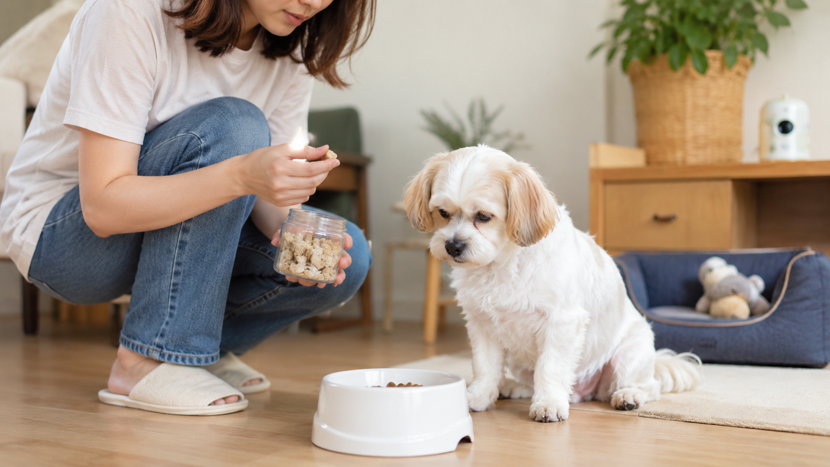 飼主蹲在挑食狗旁邊手上拿著零食準備加入飼料碗
