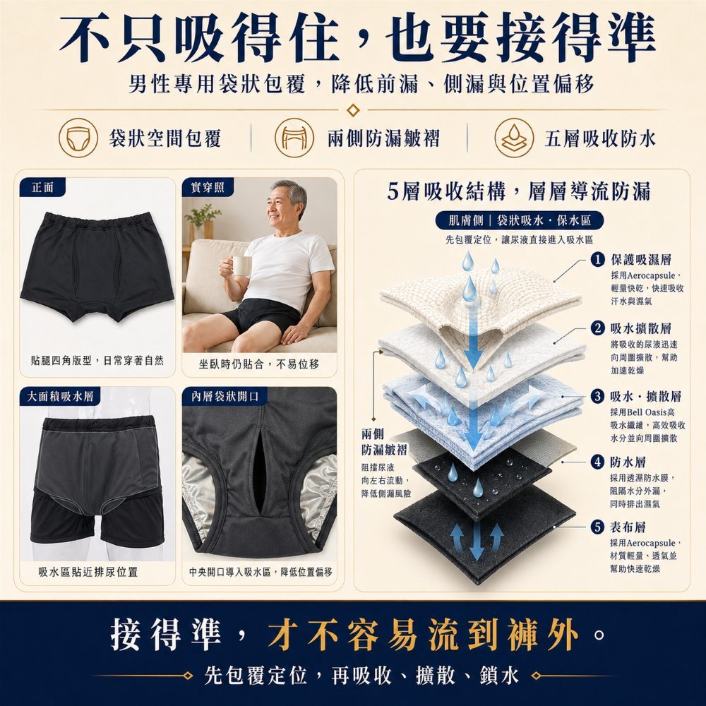 男用四角防漏尿褲袋狀包覆設計,兩側防漏皺褶與五層吸收防水結構,先包覆定位再吸收擴散鎖水,降低前漏、側漏與位置偏移
