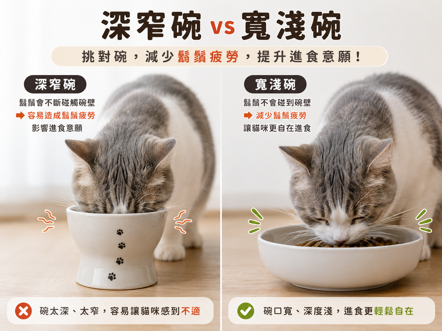 深窄碗和寬口淺碗的對比照片展示鬍鬚疲勞問題