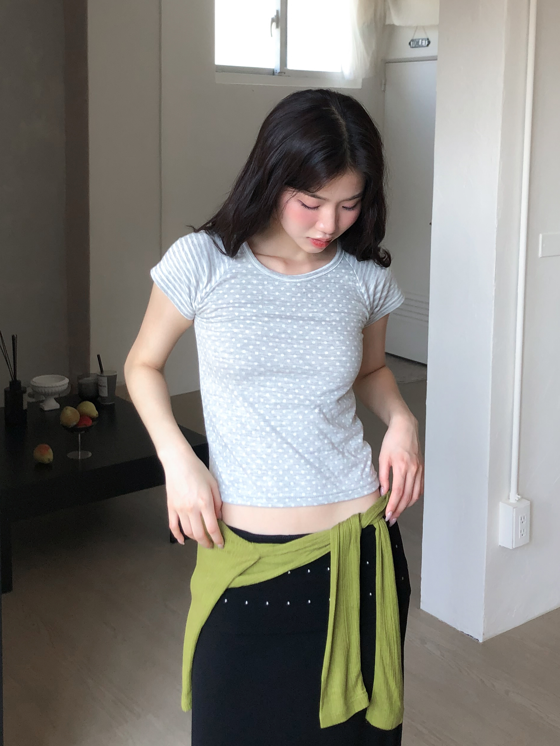 dot stripe contrast tee #上衣