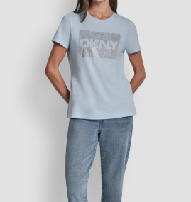 [S] DKNY MOONSTONE/SILVER DKNY BOX RHINESTONE LOGO TEE, DJ6T1701-QIZ (SD1836)