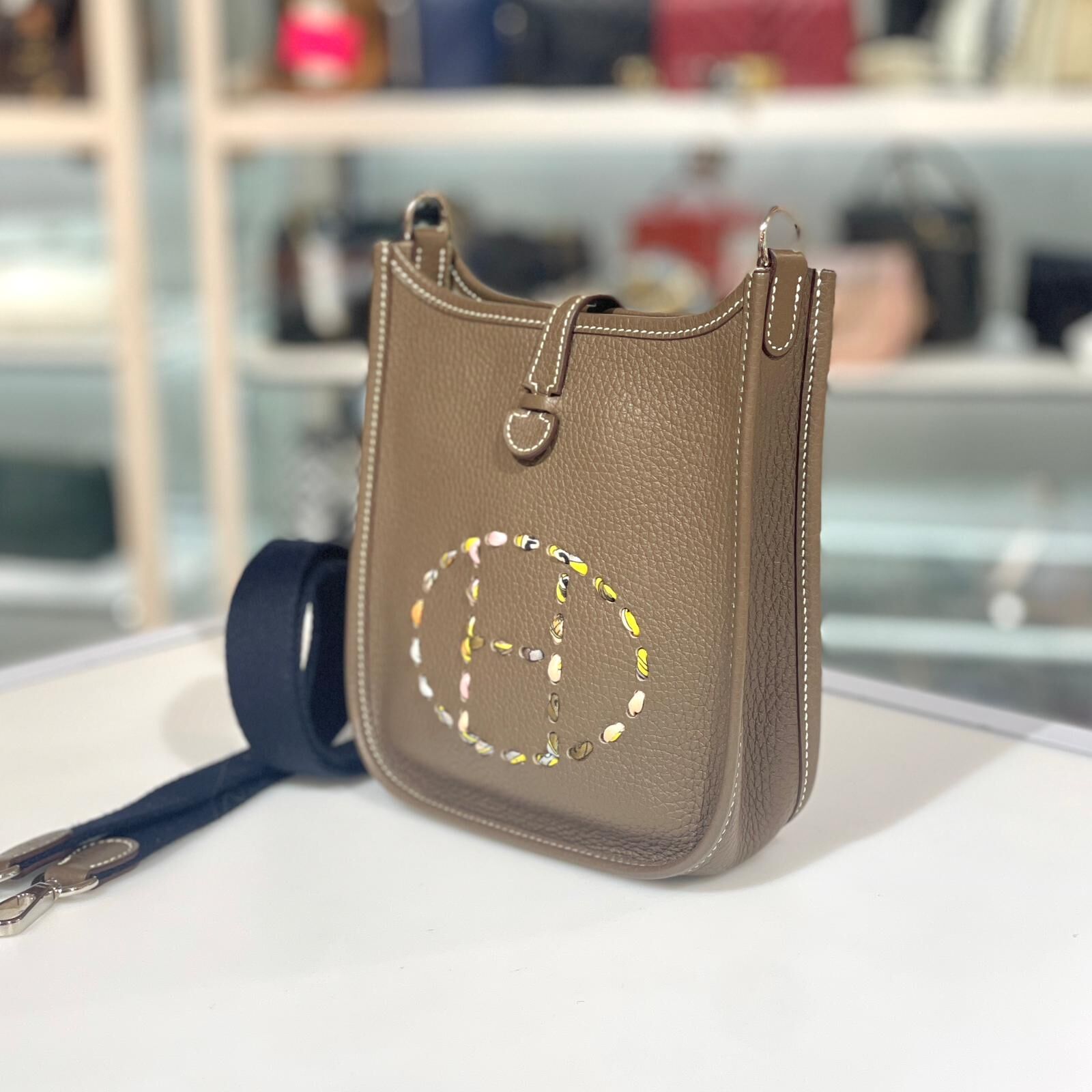 98%NEW二手HERMES MINI EVELYNE C  大象灰TC皮/銀扣 藍帶 #E16 #香榭站正品