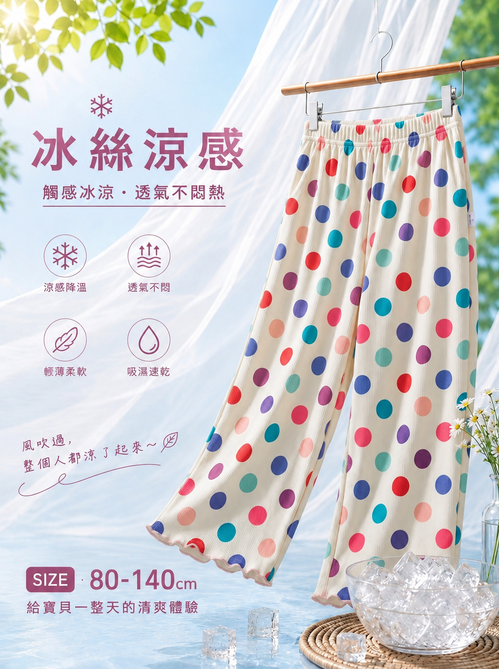 彩色大波點 涼感八分防蚊褲