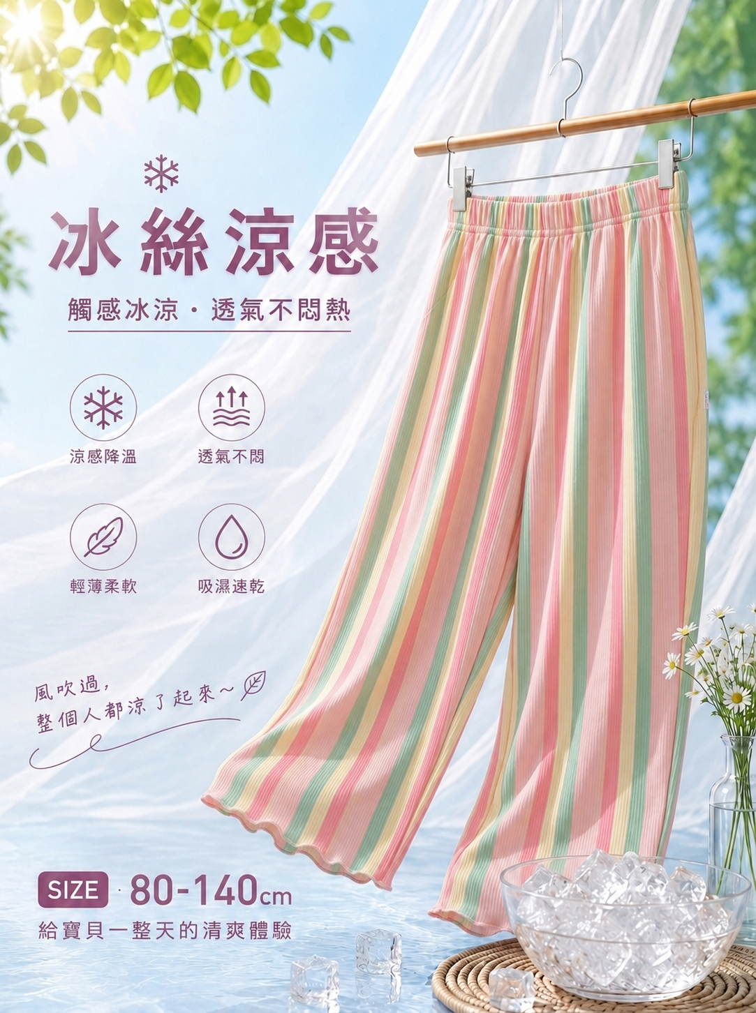 木耳邊粉彩條 涼感八分防蚊褲