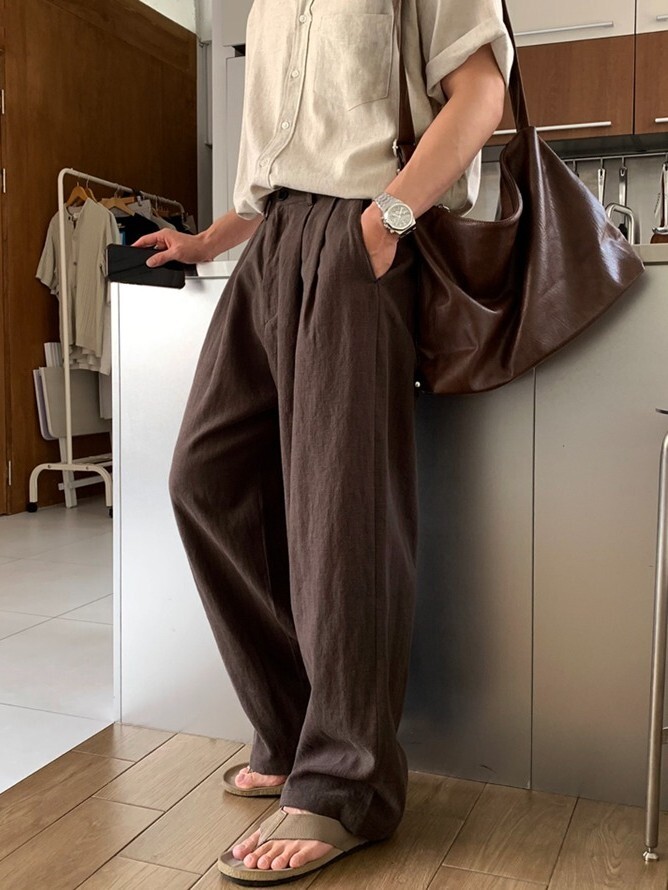 Elastic double-pleated linen wide-leg pants