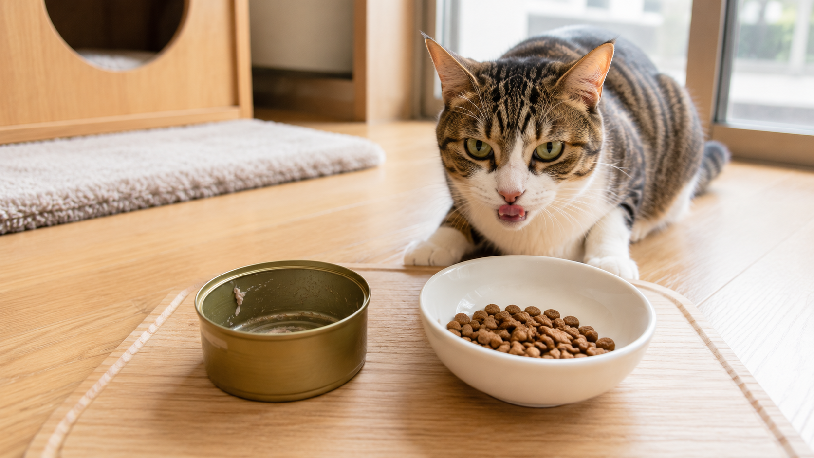 貓咪罐頭吃光但乾飼料碗剩半碗的對照場景