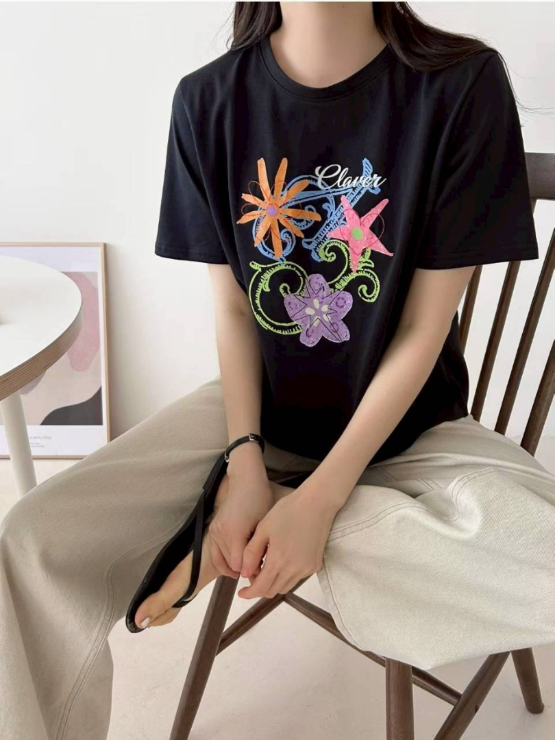 夏日亮色系穿搭★繽紛刺繡感花朵短袖棉T