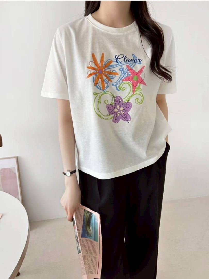 夏日亮色系穿搭★繽紛刺繡感花朵短袖棉T