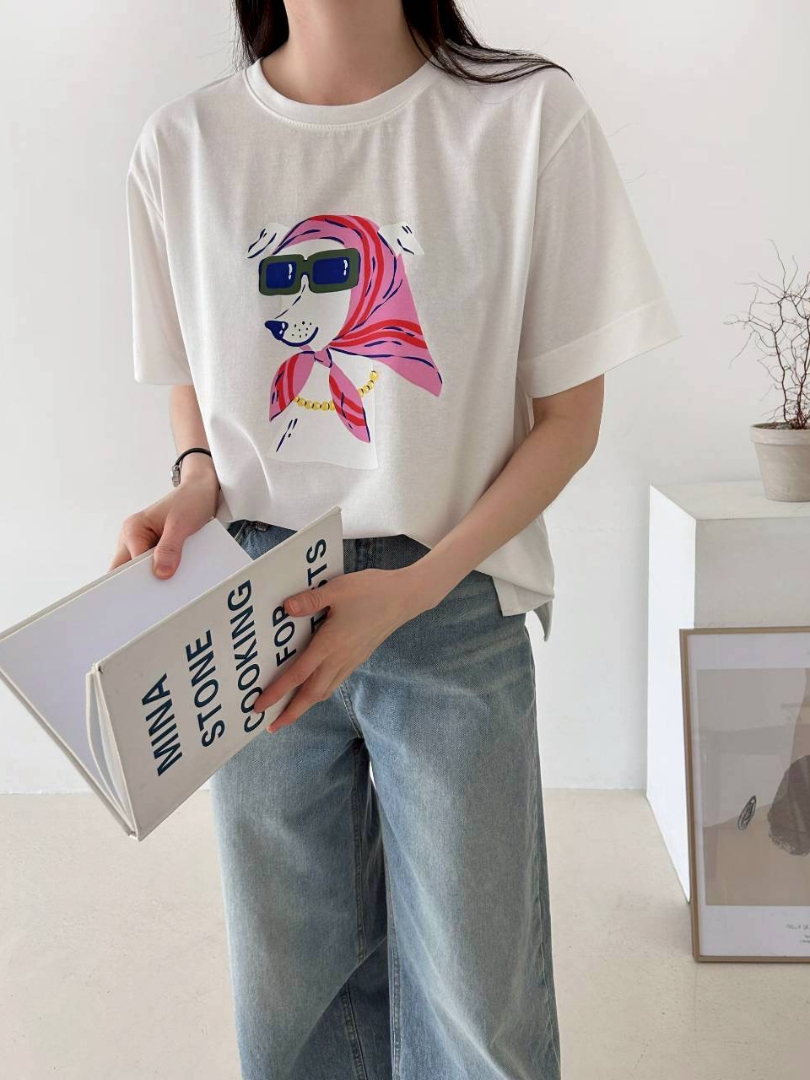 可愛療癒休閒穿搭★墨鏡狗狗圖案短袖棉T
