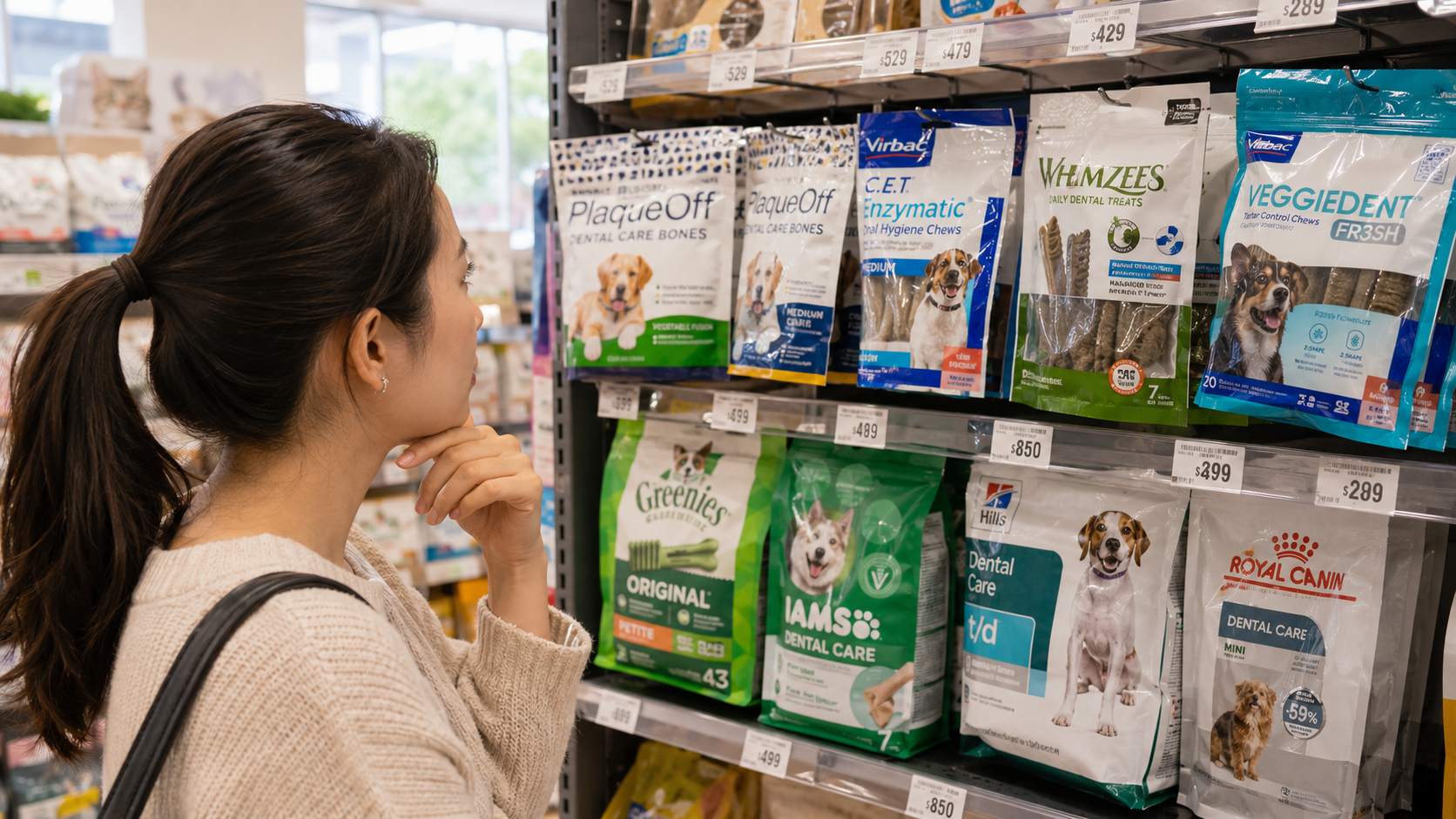 飼主在寵物店貨架前面對多款潔牙骨猶豫選擇
