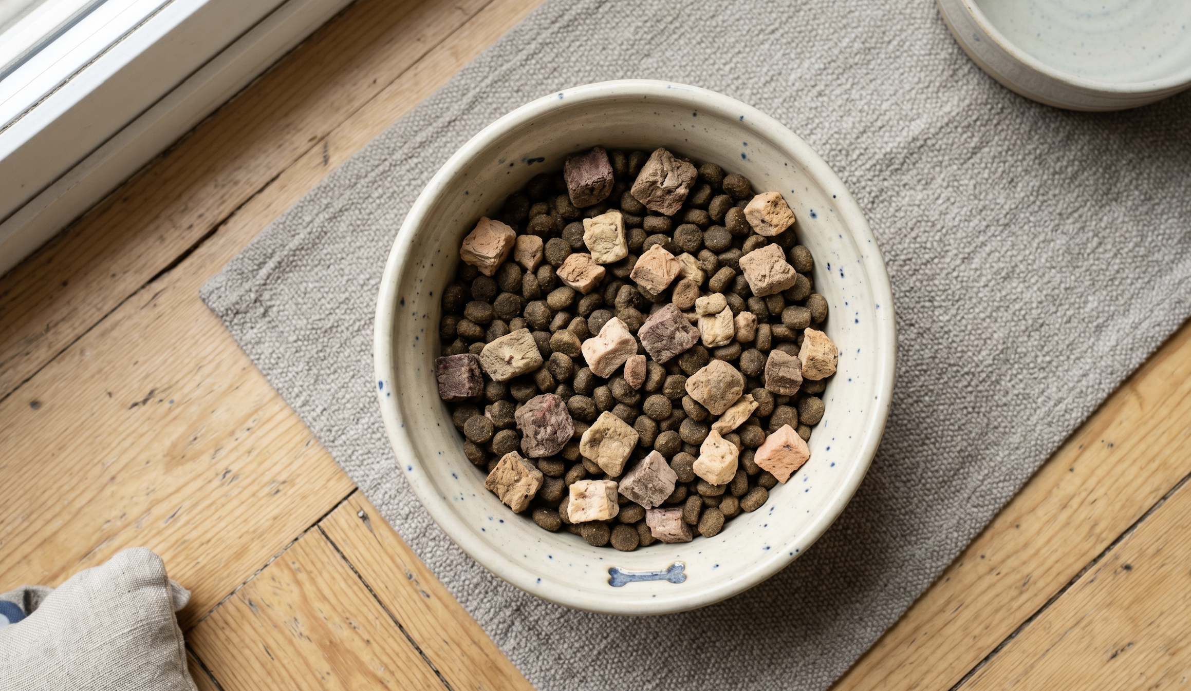 飼料碗中混搭餵食的實拍照,膨化飼料搭配凍乾飼料的比例示意