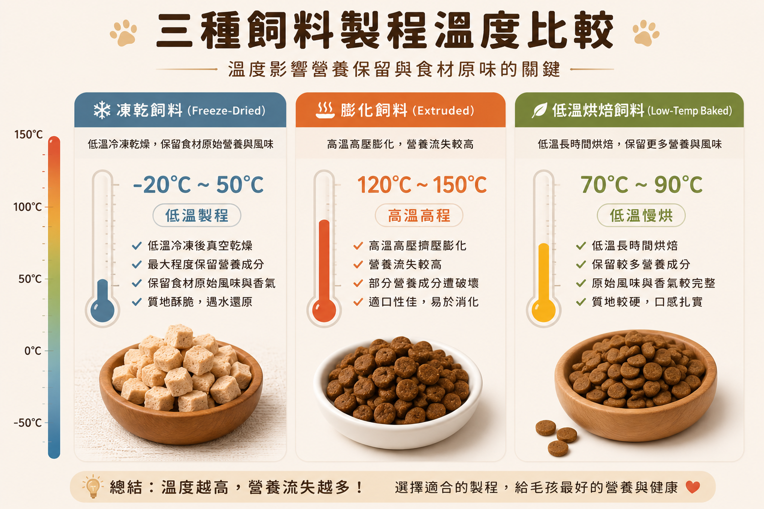 凍乾飼料、膨化飼料、低溫烘焙飼料三種製程溫度比較圖