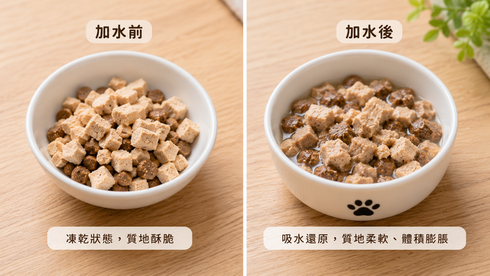 凍乾飼料加水前後的外觀對比,左邊是乾燥狀態右邊是加水還原後