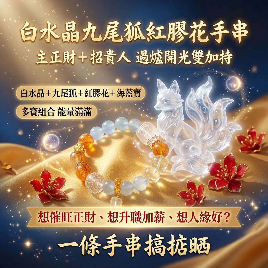 白水晶九尾狐紅膠花手串