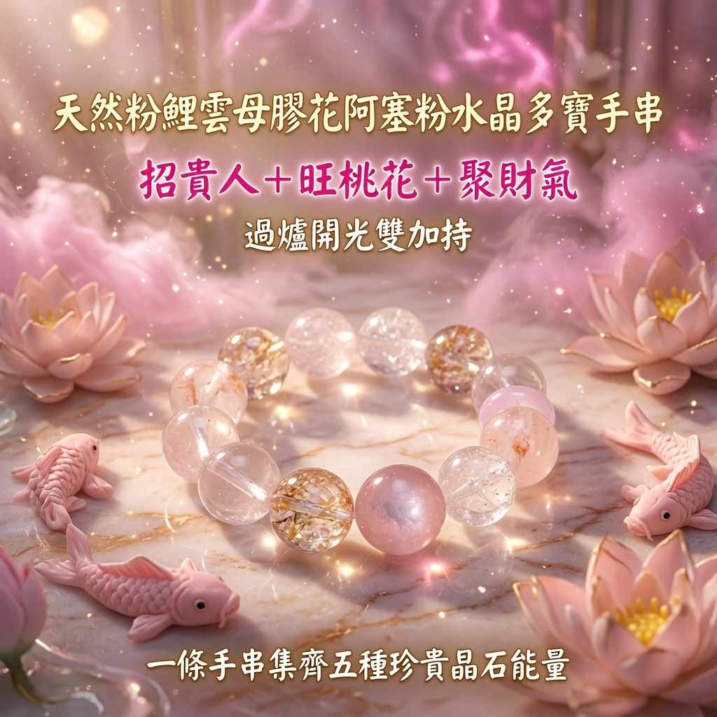 天然粉鯉雲母膠花阿塞粉水晶多寶手串
