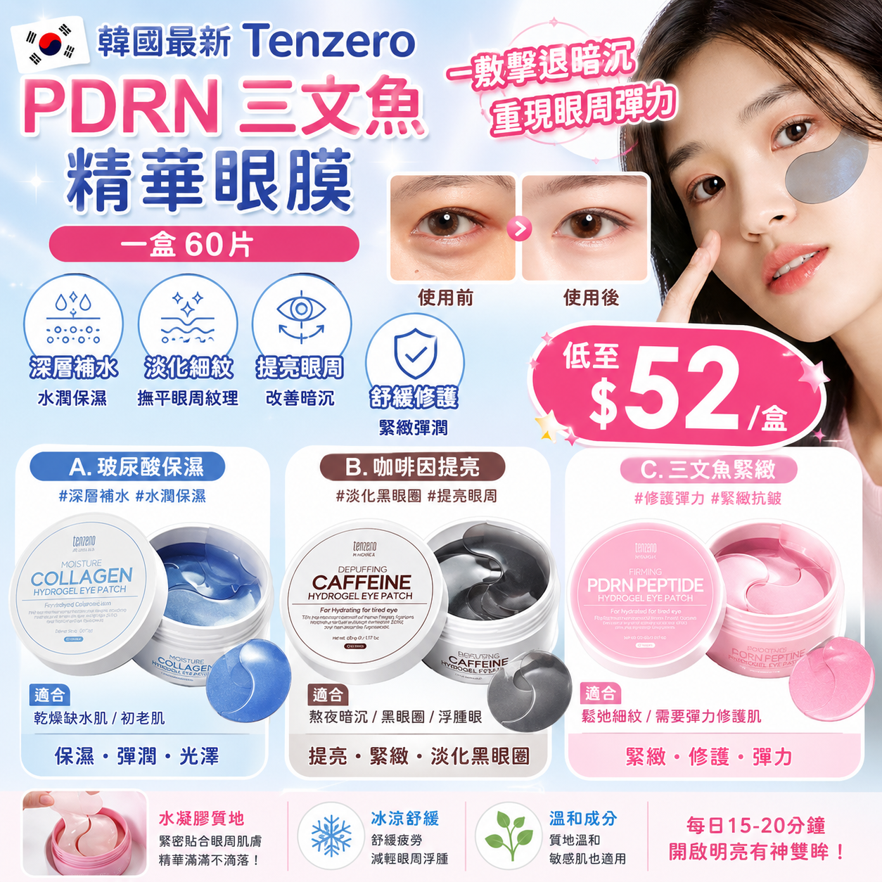 【UB9581】韓國人氣Tenzero三文魚咖啡因玻尿酸精華眼膜 (1盒60枚)