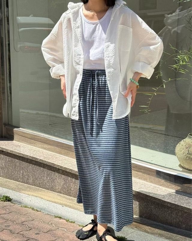 Jun09｜橫條無開衩超彈性棉裙
