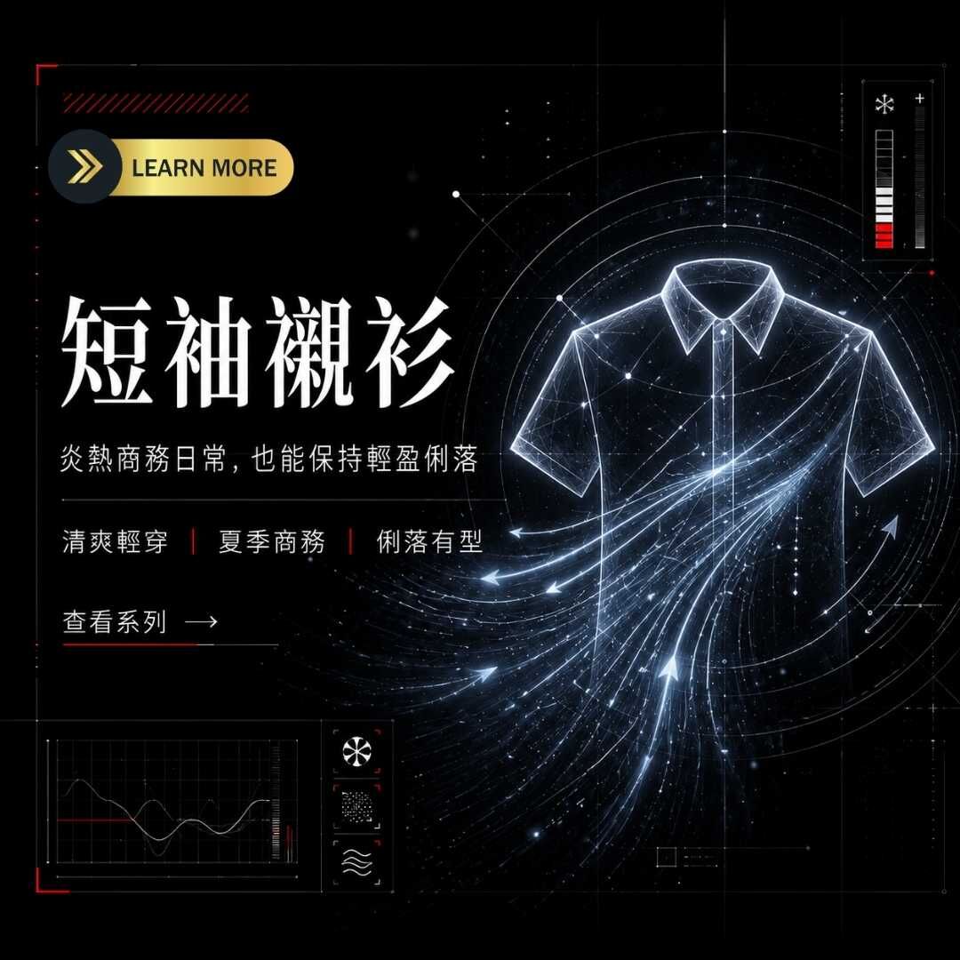 衣十五短袖襯衫分類圖，黑色科技風背景搭配短袖襯衫線稿、氣流線與夏季商務視覺，呈現清爽輕穿的商務襯衫風格