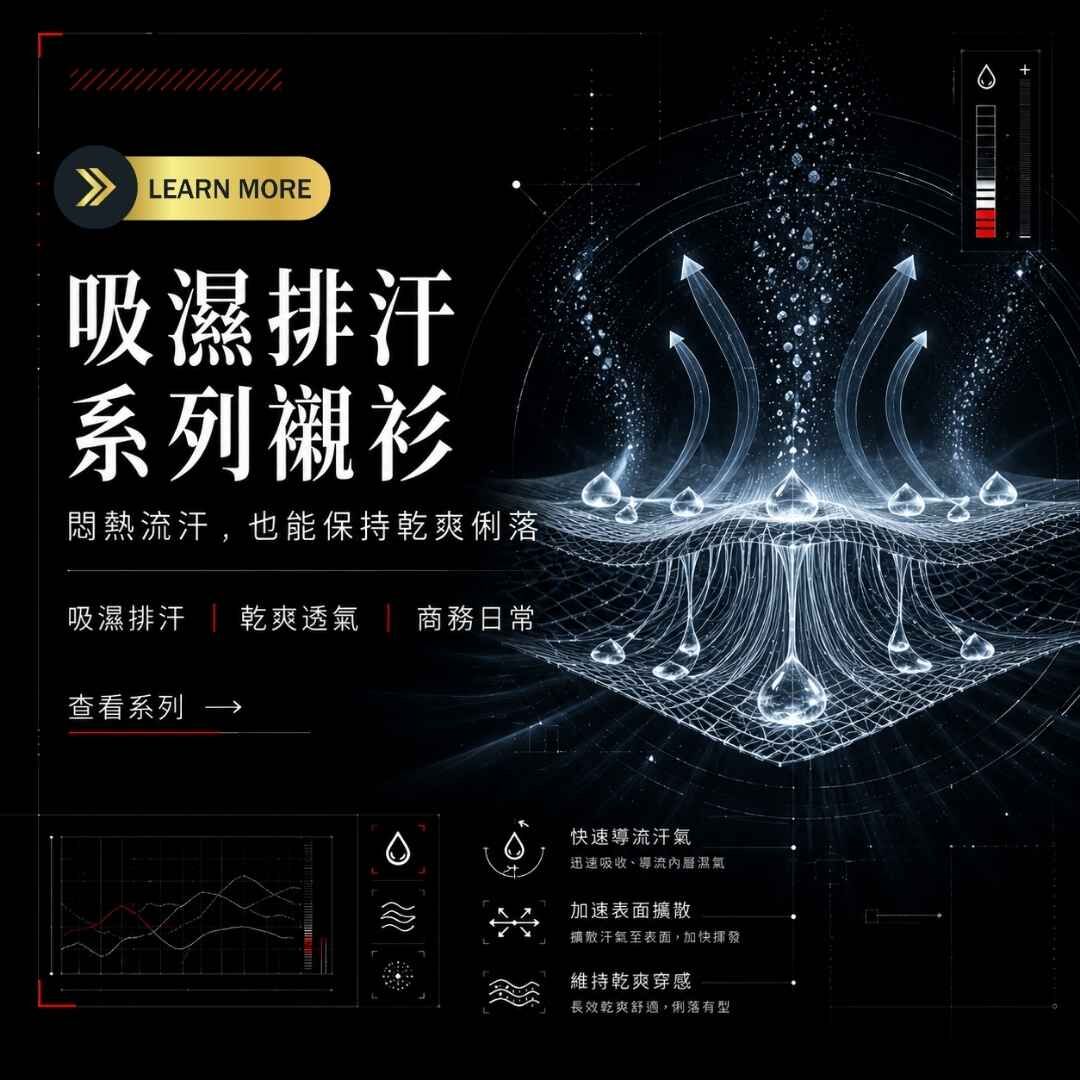 衣十五吸濕排汗系列襯衫分類圖，黑色科技風背景搭配水滴、導流氣流與布料排汗示意，呈現商務襯衫乾爽透氣機能
